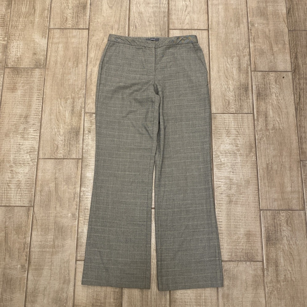 Liz Claiborne Audra Pants Women 10 Beige Wool Blend Wide Leg Plaid Trouser - Picture 1 of 11